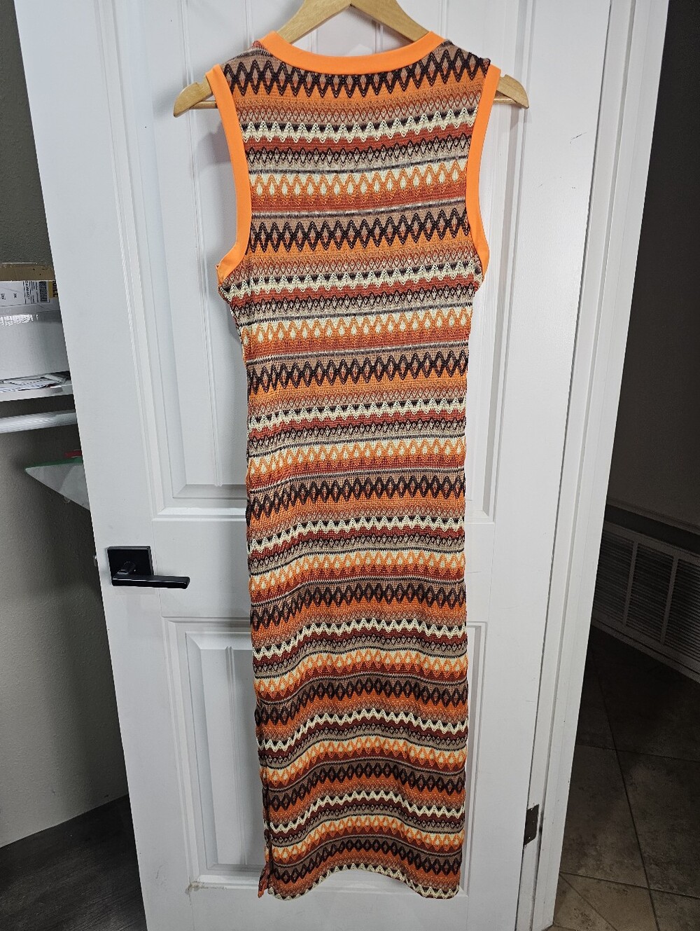 Geo Print Split Thigh Tank Maxi Dress Orange Brown Knit Size Large Pullover - Picture 6 of 11